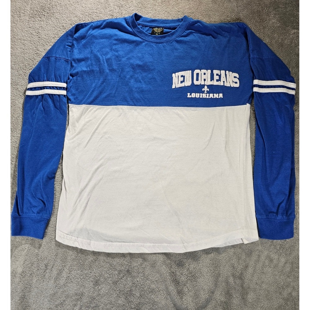 NOLA S&G New Orleans Louisiana Spirit Jersey Blue White Puff Print Shirt Medium